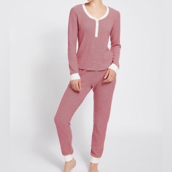 dip Soft Waffle Henley Stripe Pajama Joggers Set Red White Candy Stripe Size L - Picture 5 of 15